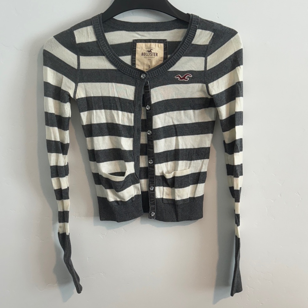 Vintage Hollister Charcoal & White Striped Button-Up Cardigan with/Jewel Buttons